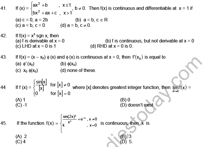 JEE Mathematics Limits Continuity and Differentiability MCQs Set A